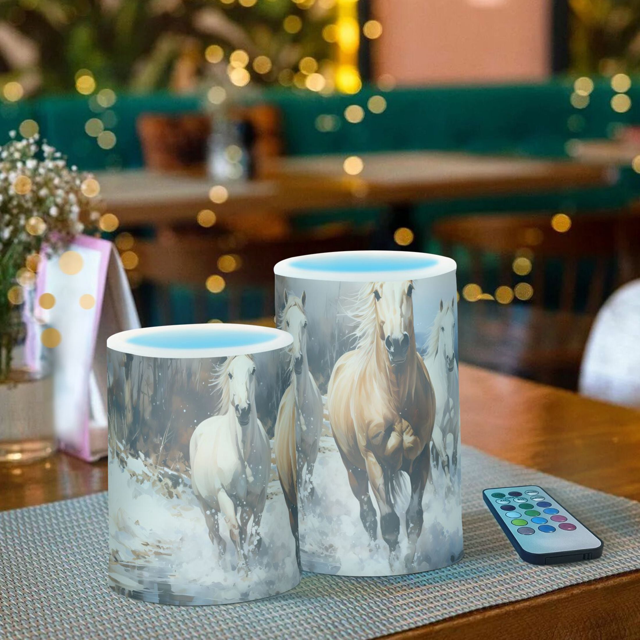 Horses Snow Pool Trees Flameless Candles&nbsp;LED Lights Battery Operated Candles with Remote and Timers Flicker Lights Votive Set of 2