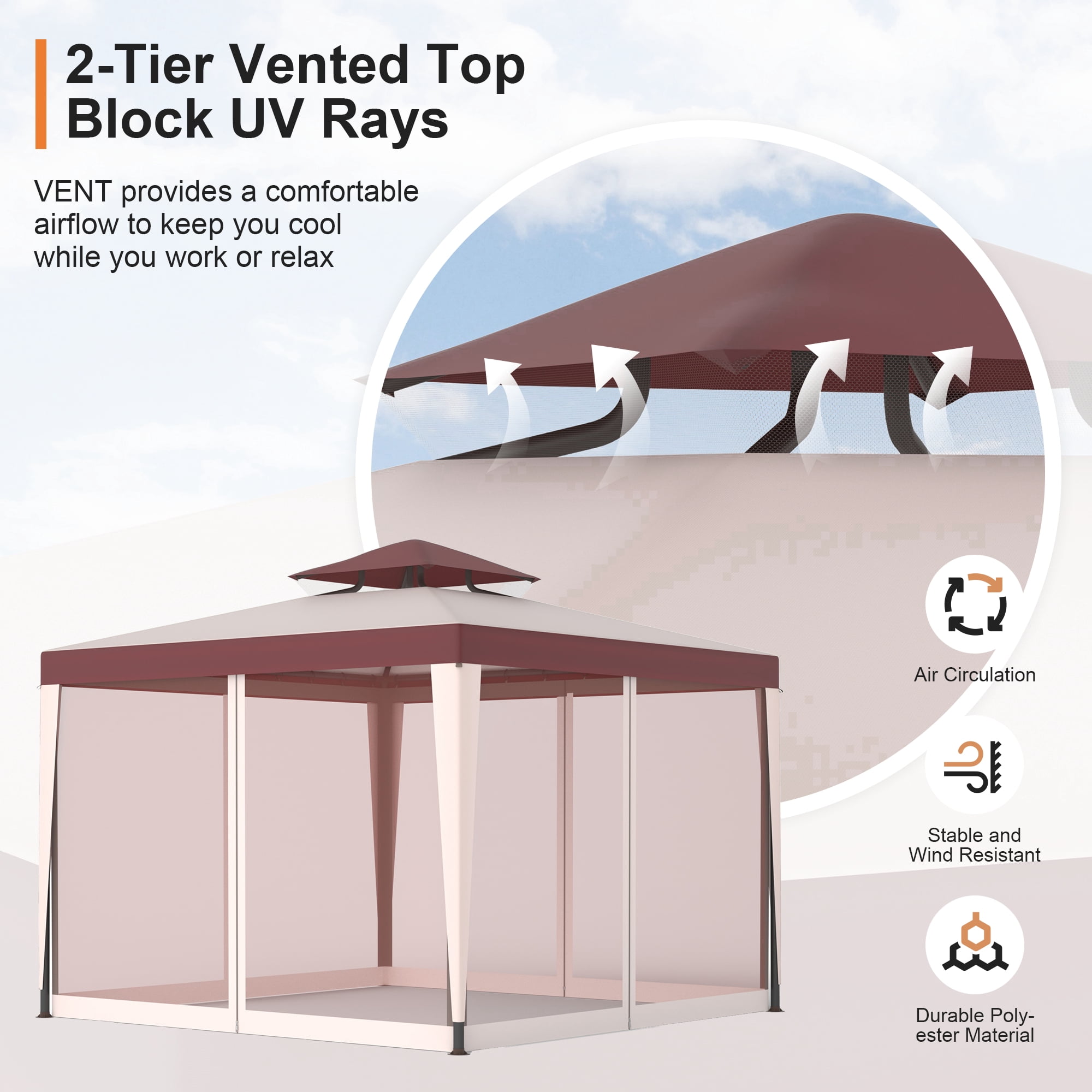 10'x10' Patio Gazebo Tent Mesh Netting Outdoor Canopy Shelter For Garden,Red