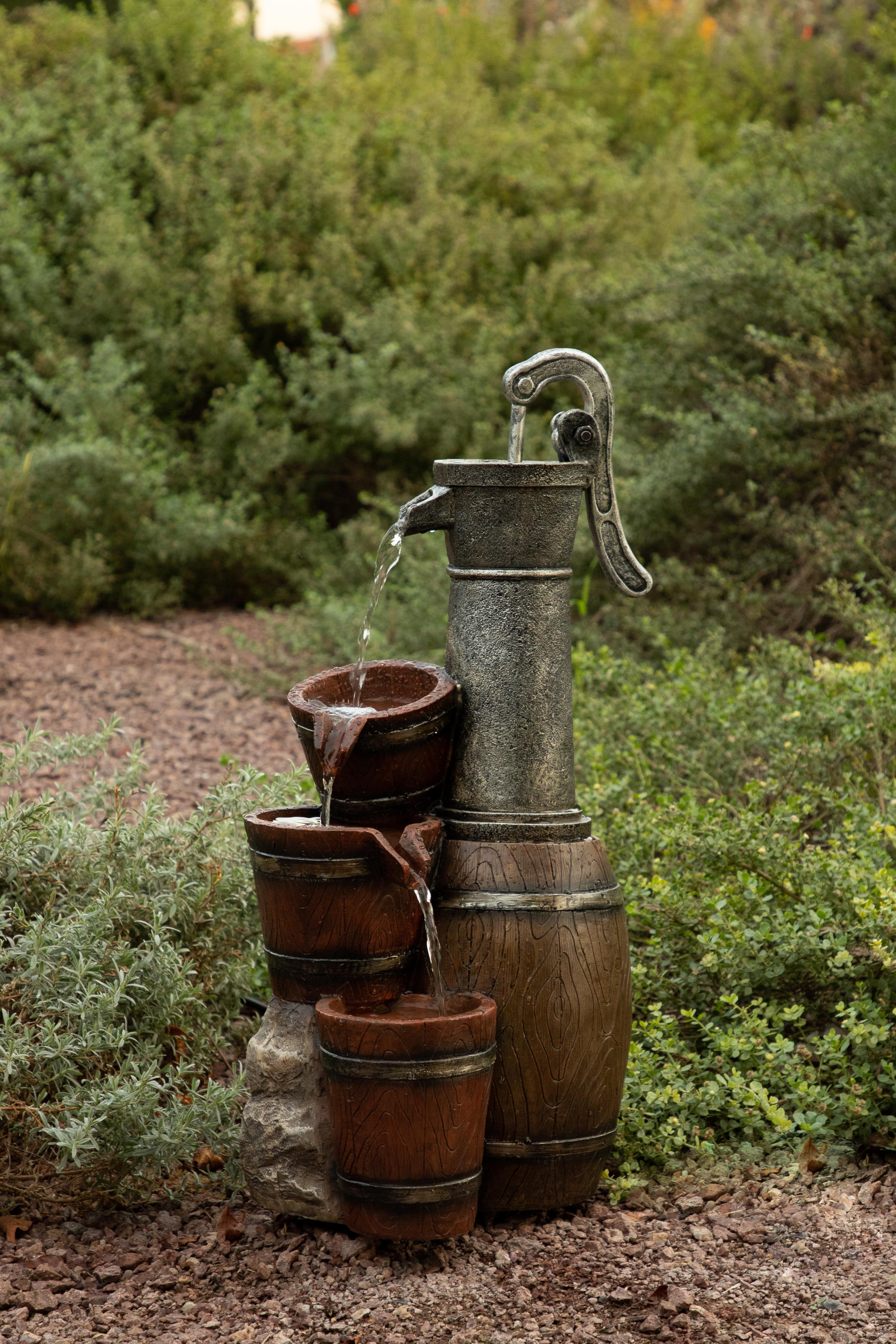 Alpine Vintage Barrel Water Pump with Buckets Fountain, 24 Inch Tall