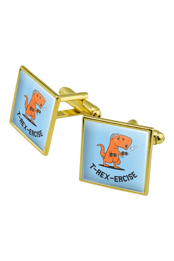 T-Rex-Ercise Exercise Dinosaur Funny Humor Square Cufflink Set - Silver or Gold