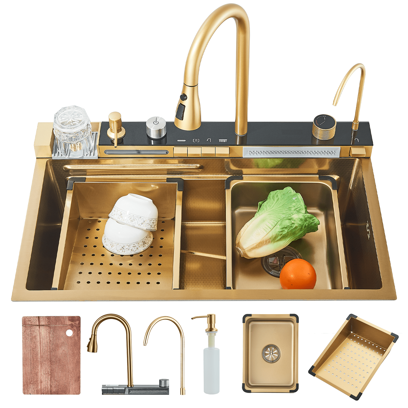 Kitchen Sink 304 Stainless Steel Single Bowl Kitchen Sinks, Digital Display Waterfall Sink, With Pull Down Sprayhead Faucet, With Pressurized Cup Washer and Two Waterfalls
