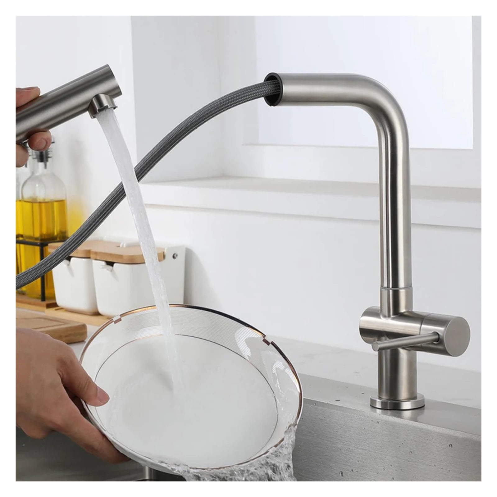Kitchen Basin Faucets Stainless Steel Material Cold Water Only Single Handle, Pull Down Hoses 360 Rotation ,Easy to Install