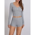 thumbnail image 5 of Michellecmm Women’s Two Piece Outfits Set Long Sleeve Button Up V Neck Crop Tops and Shorts Set Loungewear, 5 of 9