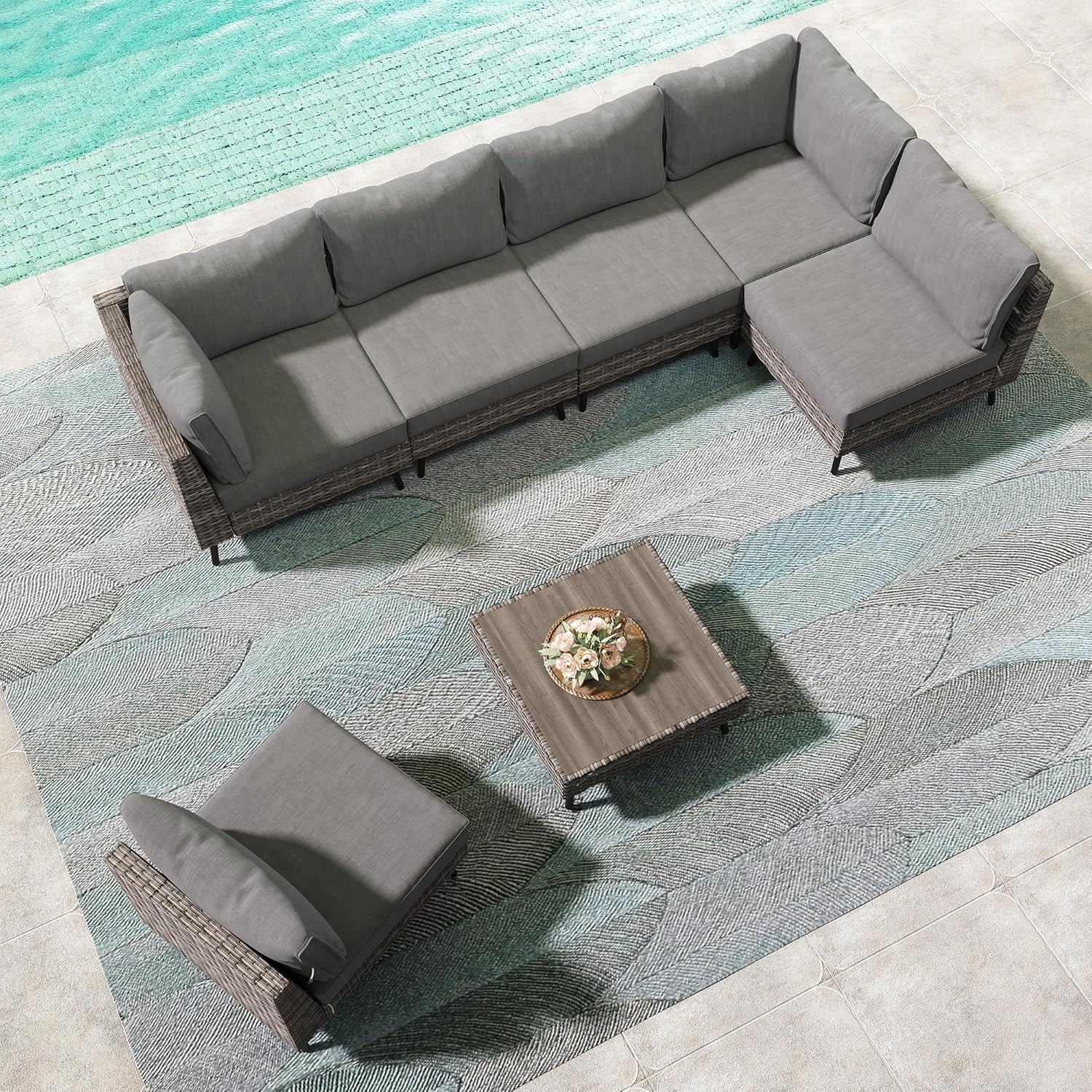 KAMEROUT 7 Pieces Outdoor Furniture Set, Patio Rattan Sectional Conversation Set with 6 Chairs and 1 Coffee Table, Gray Cushions