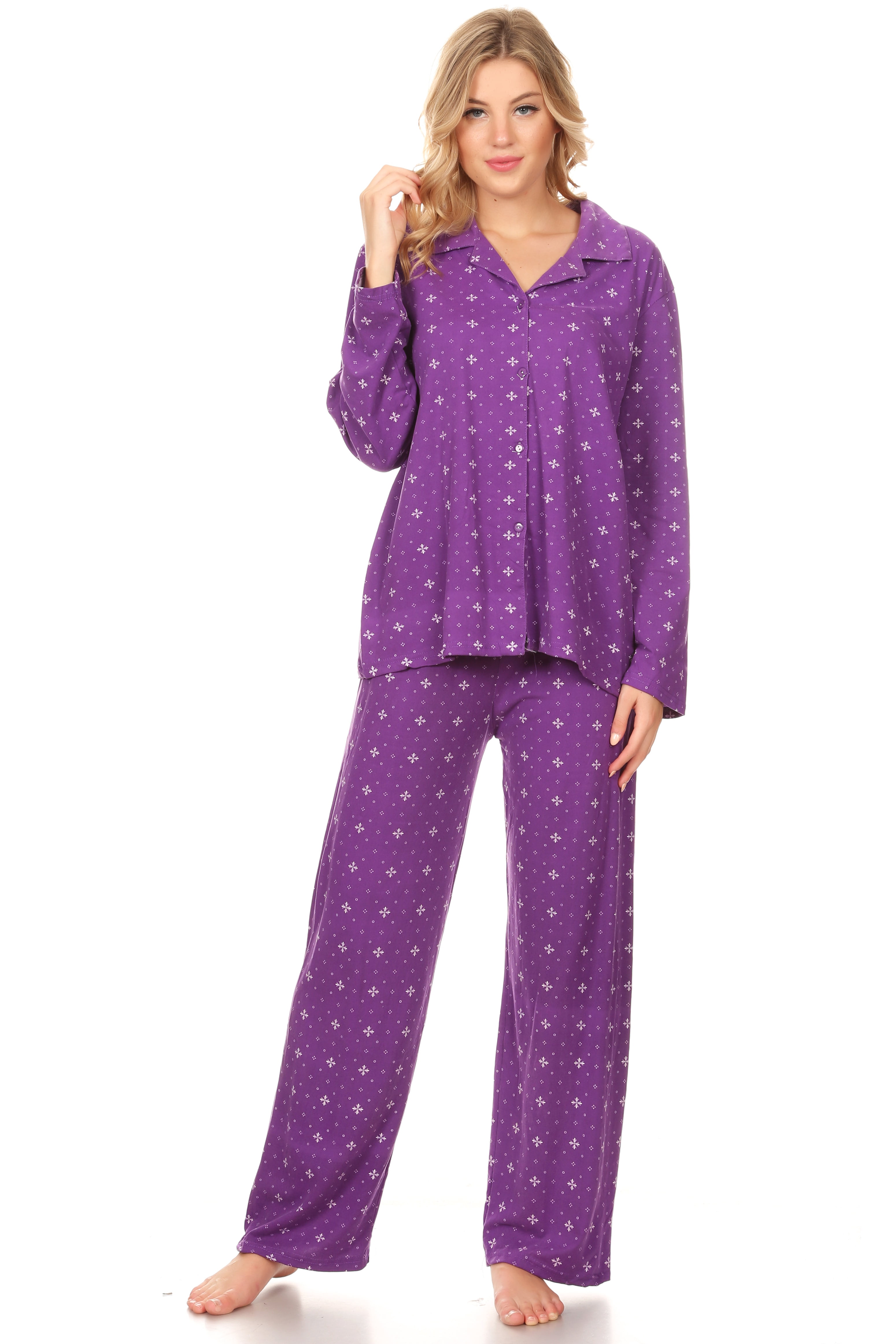 Z2152 Womens Sleepwear Pajamas Woman Long Sleeve Button Down set Purple ...