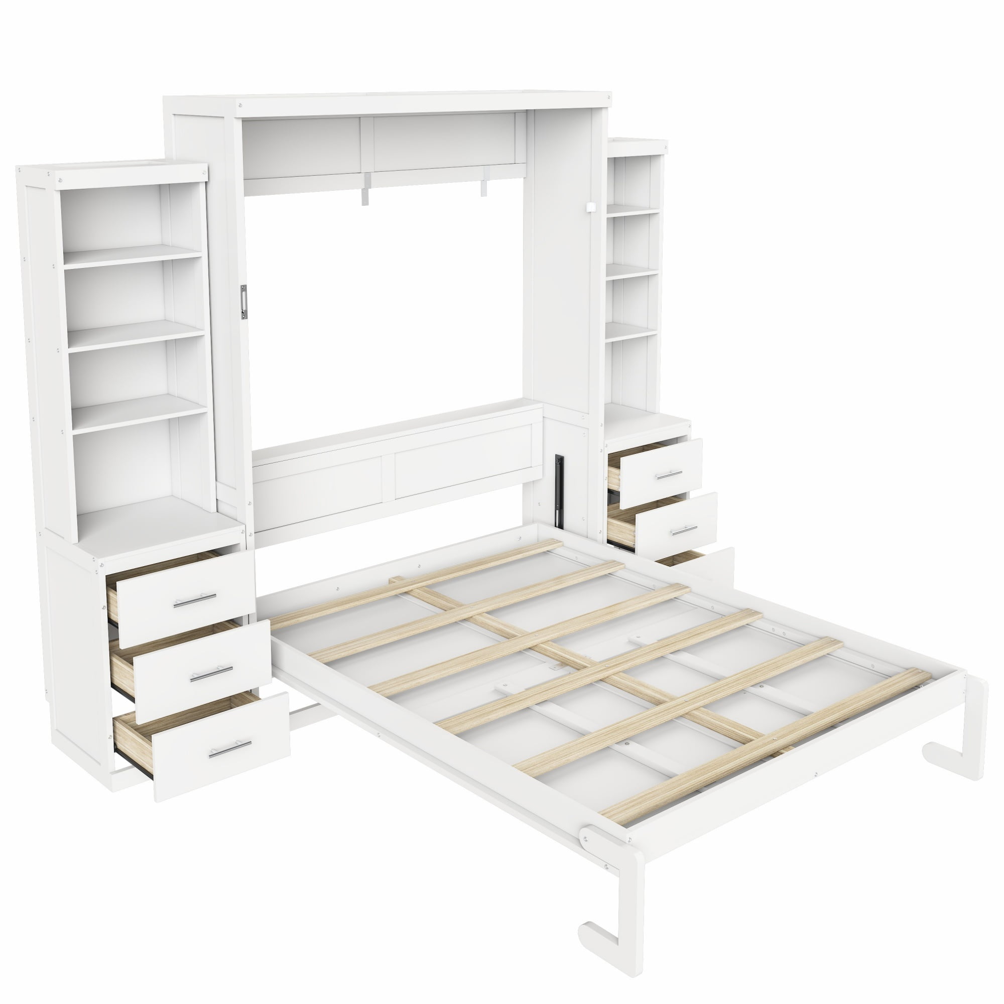 Full Size Murphy Bed with Dual 4 Storage Shelves and 3 Drawers Cabinet for Space-Saving Guest Room