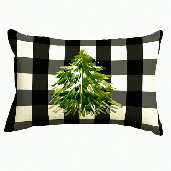 Housses de Coussin Lombaires à Carreaux Buffalo - Ensemble de 2 Housses de Coussin Décoratives de Vacances à la Ferme Design Arbre Noir et Blanc pour Canapé Ou Sofa Accessoires de Maison Confortables 12x20 Pouces