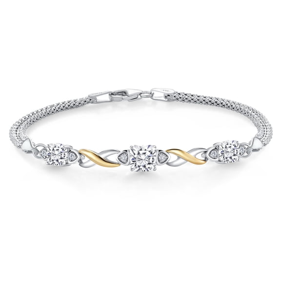 Gem Stone King 2.45 Cttw White Moissanite and White Lab Grown Diamond Bracelet for Women | 925 Silver and 10K Yellow Gold | Cushion 6MM | 6.5-7-7.5 inch | Made in Italy