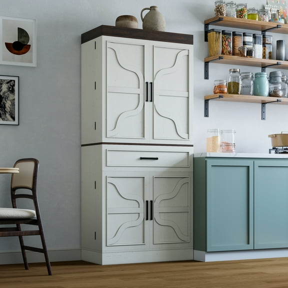 Blotout 71" Tall Farmhouse Kitchen Pantry Cabinet with 6 Side Shelves & 1 Drawer,6 Layers Pantry Storage Cabinet with 4 Wood Doors for Kitchen, Dining Room, Living Room