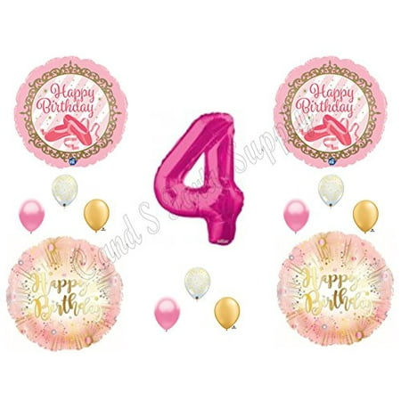 BALLERINA Twinkle Toes Gold Pink 4th Birthday Party Balloons Decoration Supplies Fourth