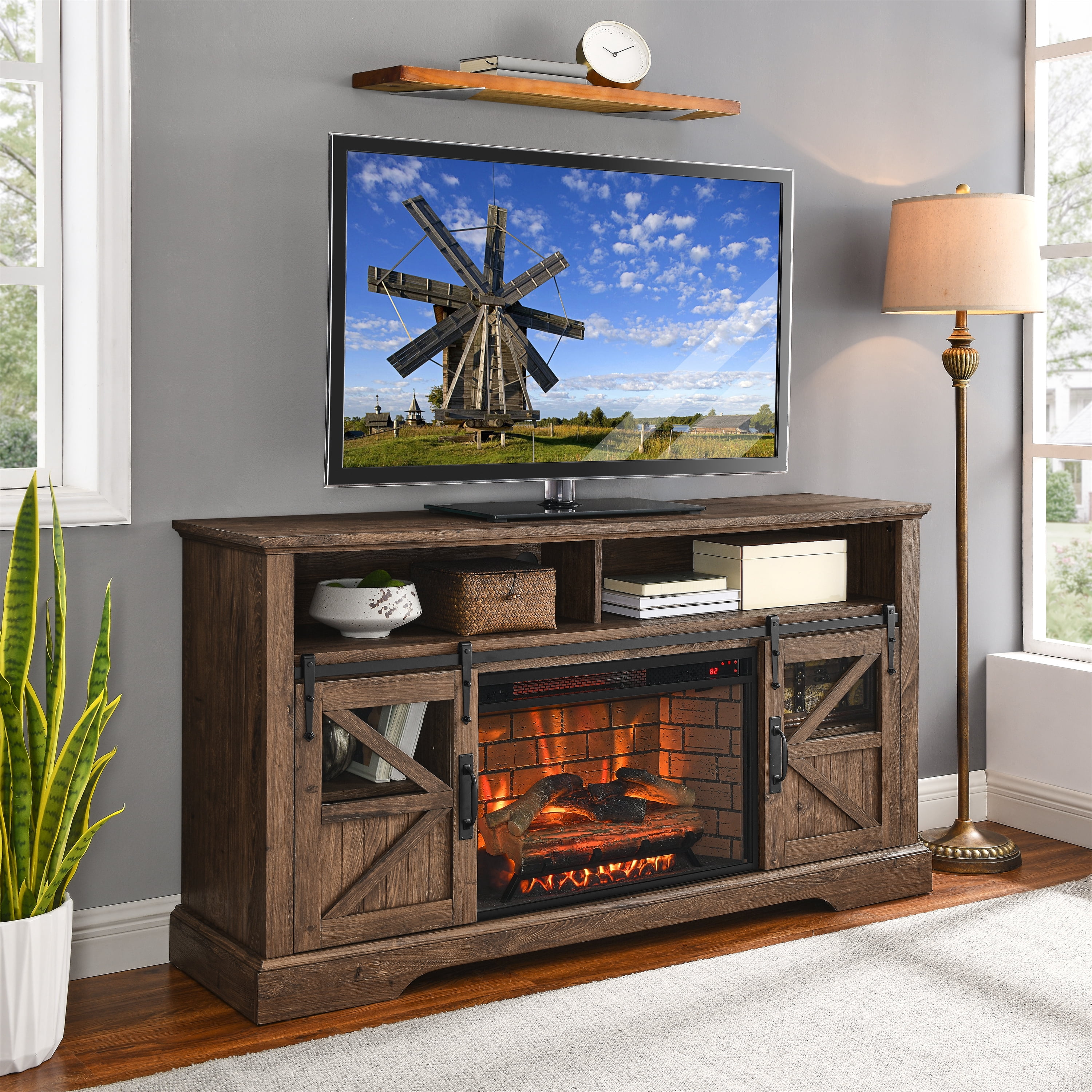 Holaki 60 Inch Electric Fireplace Entertainment Center With Door Sensor-Reclaimed Barnwood Color