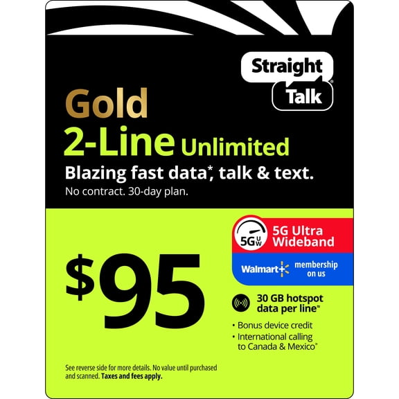 Straight Talk $95 Gold 2-Line Unlimited 30-Day Prepaid Plan, 30 GB Hotspot Data, 100GB Cloud Storage & Int'l Calling e-PIN Top Up (Email Delivery)
