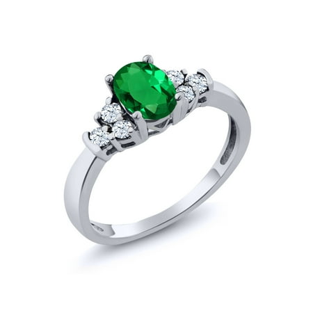 - 0.64 Ct Oval Green Nano Emerald White Topaz 925 Sterling Silver Ring