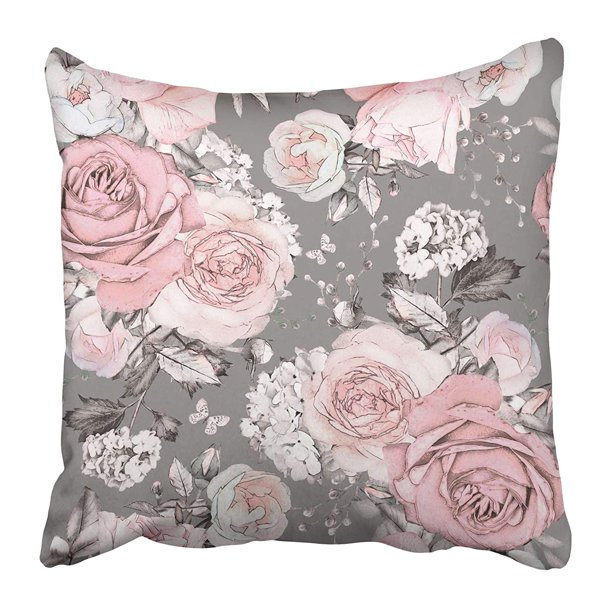 ECCOT Pink Flowers and Leaves on Gray Watercolor Floral Pattern Rose in