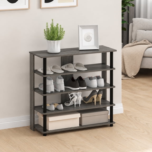 Furinno TURN-N-TUBE 5-Tier Freestanding Shoe Rack, Vertical Shoe Organizer for Boots and Sneakers, Grey Oak
