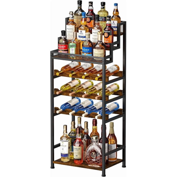X-COSRACK Freestanding Floor Wine Rack and Liquor Cabinet, Rustic Metal & Wood Wine Storage Shelf with Stepped Display, Home Bar Stand for Red Wine, Champagne & Whiskey, Brown/Black