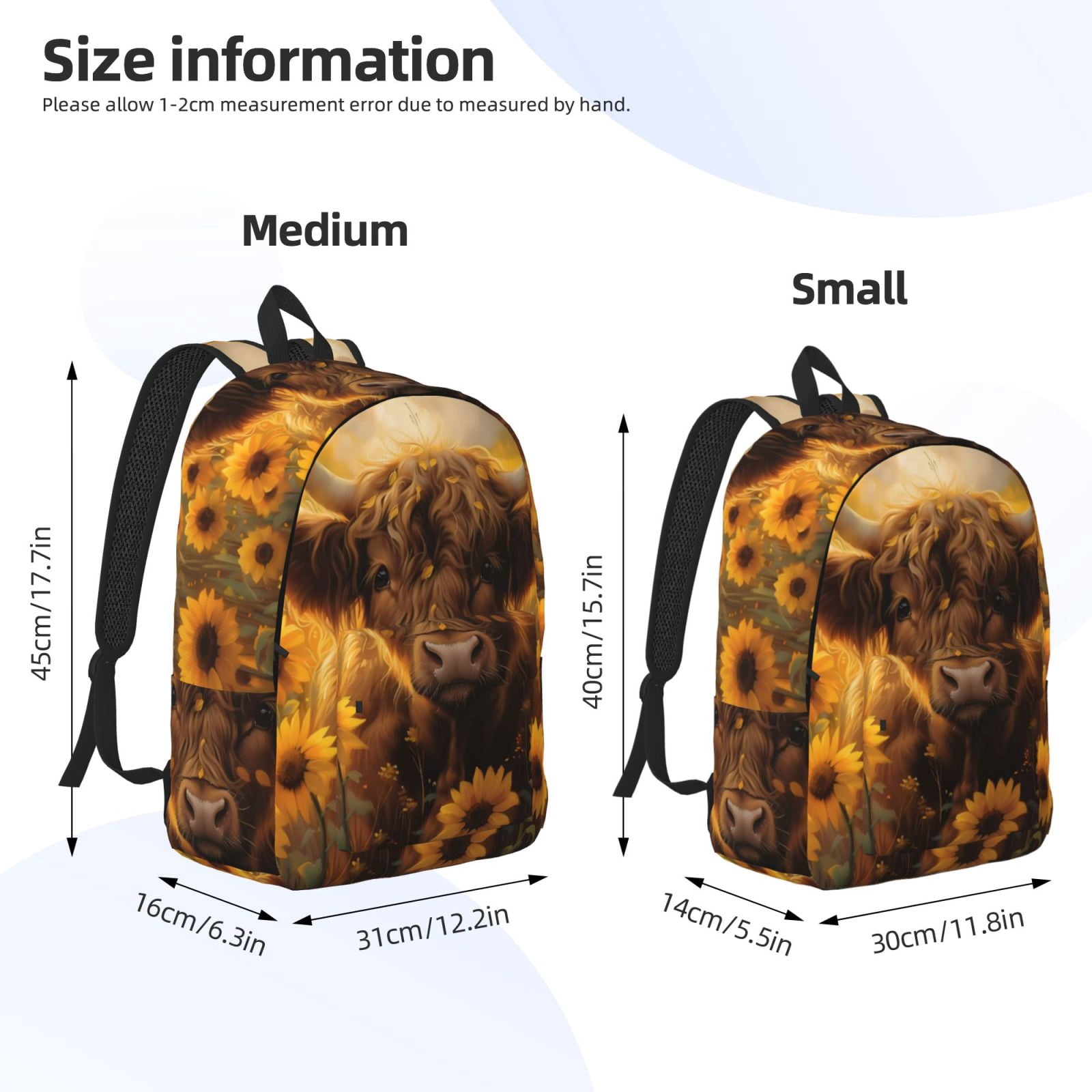 Vsdgher Cute Cow Sunflower Field Print Canvas Backpack Travel Rucksack Unisex Knapsack 15.7/17.7Inch Laptop Backpack for Work,College -Small