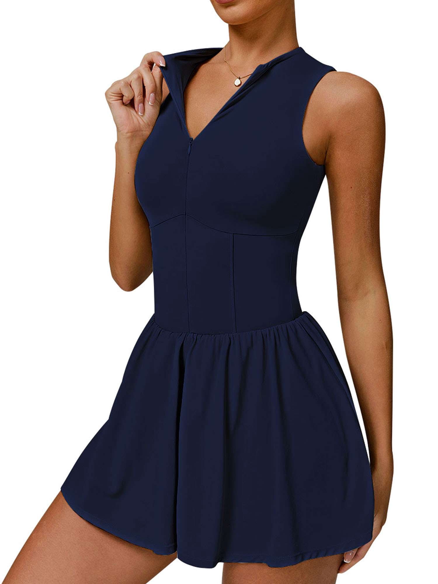 PULLIMORE Women's Athletic Tank Dress with Built-In Bra - Moisture-Wicking Golf/Tennis Dress(Navy)