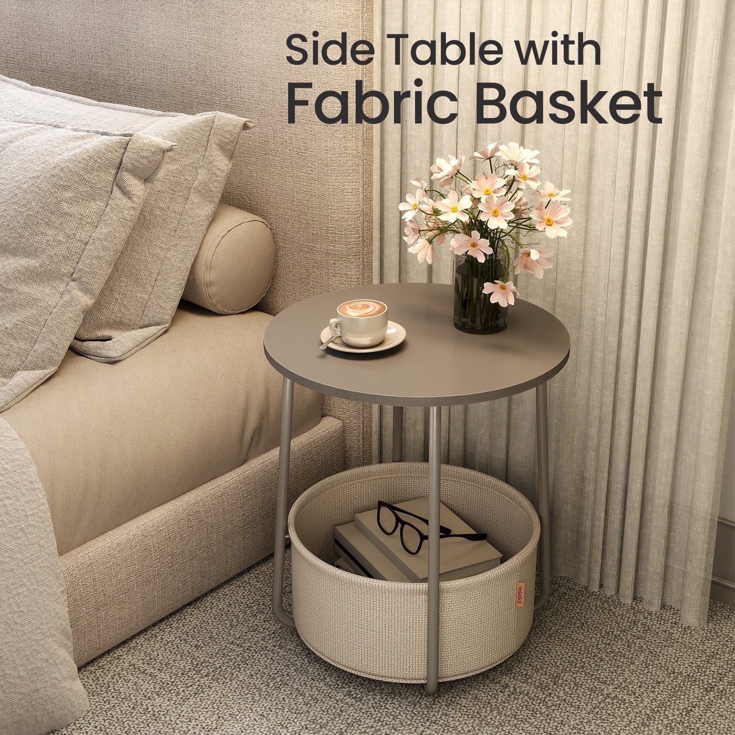 LEDREM Modern Round Accent Table with Fabric Storage Bin, Compact Nightstand for Bedroom & Living Area, Space-Saving Furniture with Patented Design, Gray & White