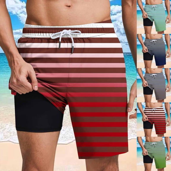 Fengqque Workout Shorts Men with Liner,Men's Elastic Waist Drawstring Gradient Striped Printing Loose Sports Beach Pants Red-E XL(XL)
