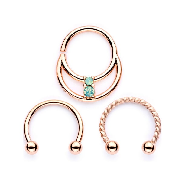 Body Candy 3PC 16G Rose Gold Tone 316L Steel Septum Ring Horseshoe Teal