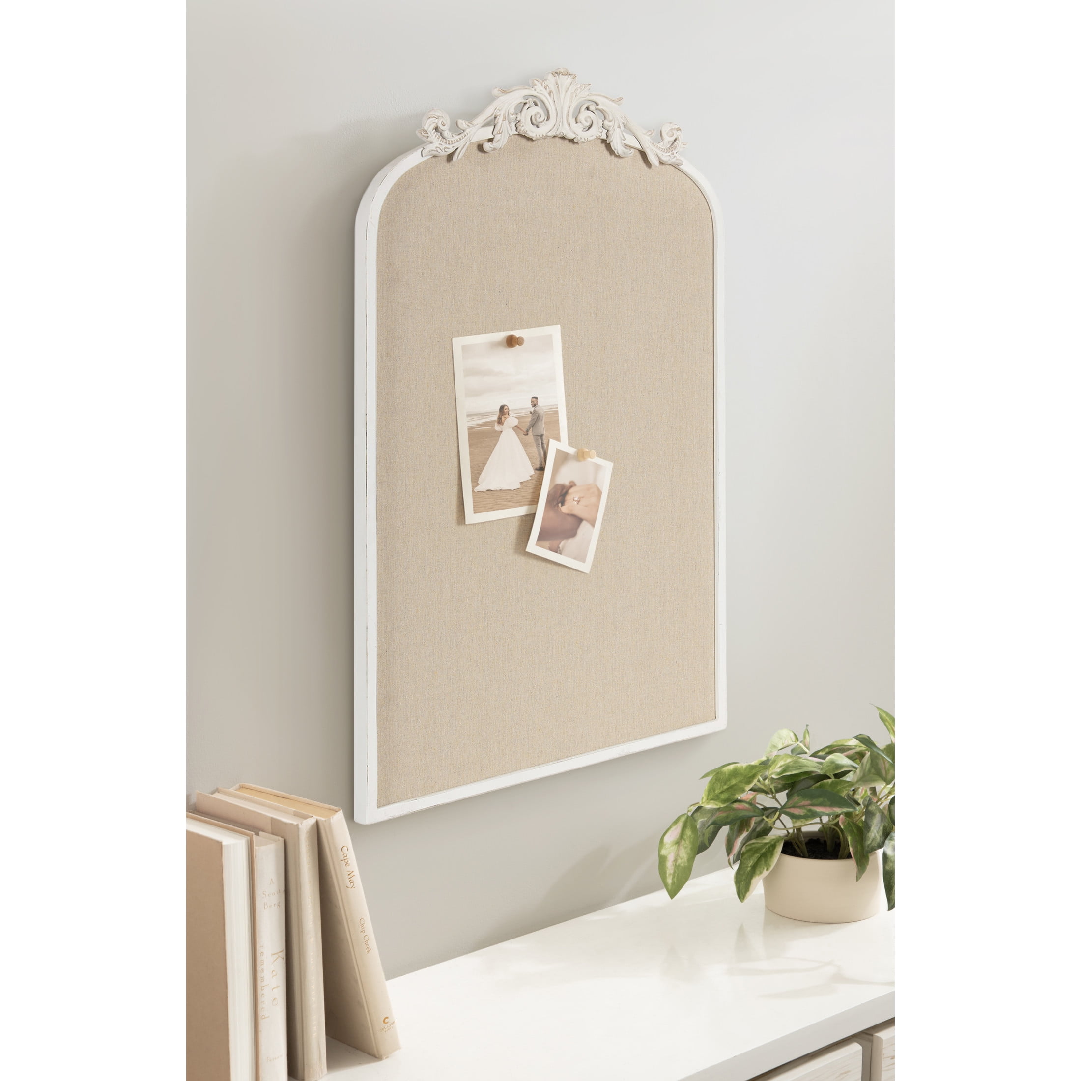 Kate and Laurel Arendahl Decorative Arch Pinboard, 19 x 31, White, Framed Arched Ornate Vintage Cork Board for Use as Motivational Vision Board or Wall Organizer
