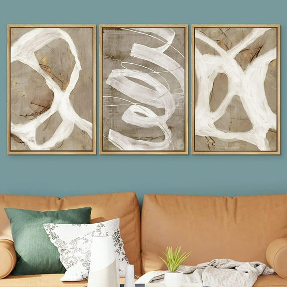 PixonSign Framed Wall Art Set White Brown Pastel Paint Strokes Shapes Canvas Print Abstract Cozy Neutral Wall Decor Modern Art Nordic for Living Room, Bedroom, Office - 24"x36"x3 Natural
