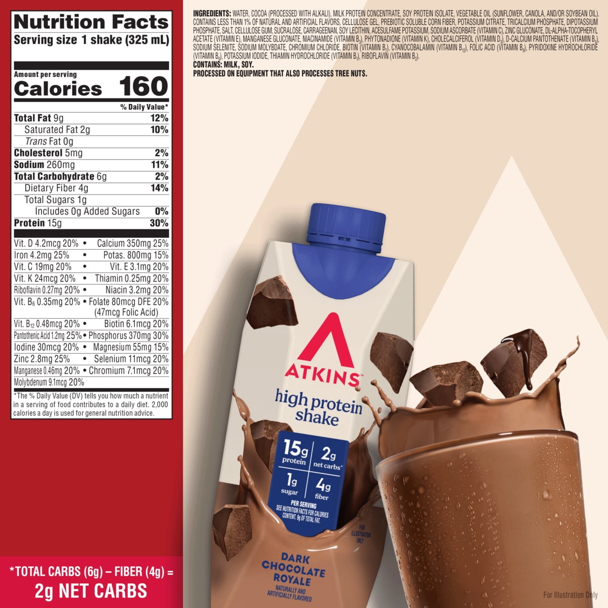 Atkins High Protein Shake, Chocolate Royale Flavor, 15g of Protein, 1g Sugar, Low Carb and Low Sugar Protein Shakes, Keto Friendly, 12 Count