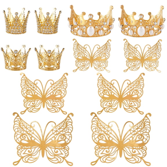 30Pcs Butterfly Topper Cake Topper Set with Stickers Gold 3D Hollow Princess Small Mini Tiara Alloy Rhinestone Toppers Kits