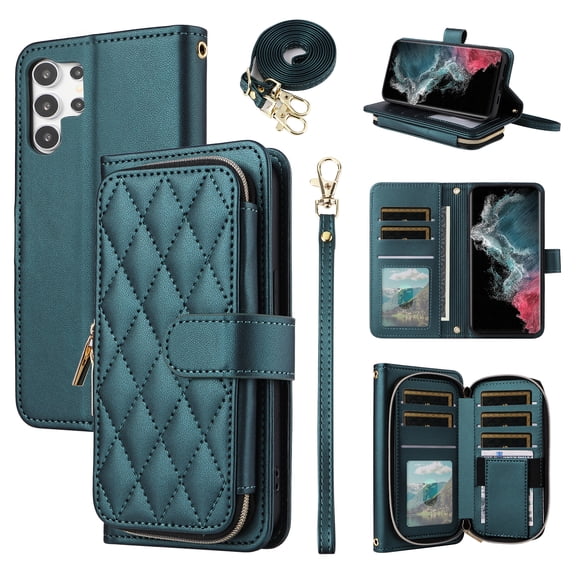 Furiet Wallet Case for Samsung Galaxy S22 Ultra 5G with Wrist Strap, Shoulder Strap, 9 Card Slots Zipper Purse, Luxury PU Leather Stand Phone Cover for S22ultra 22S S 22 S22ultra5g 6.8 Women Green