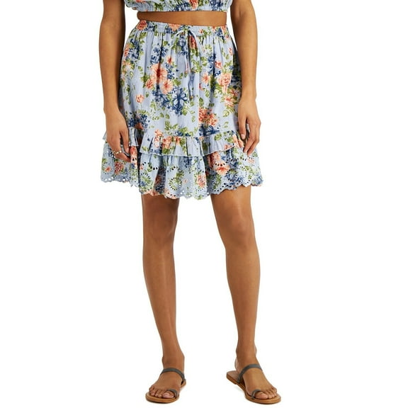 Angie Juniors' Floral-Print Cotton Skirt Blue Floral Medium B4HP
