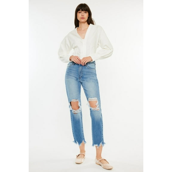 Kancan Distressed Frayed Hem Cropped Jeans