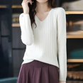 thumbnail image 2 of Vinsonshop Womens V Neck Sweaters Long Sleeve Ribbed Knit Pullover Tops Casual Fall Clothes Winter Warm Basic Jumpers Everyday Wear White L, 2 of 5