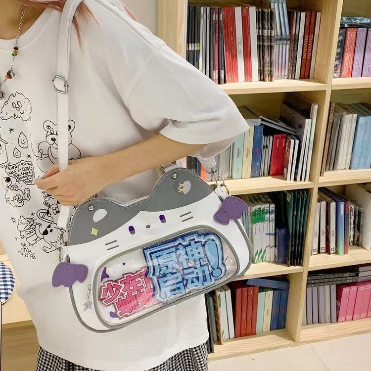Baguery Kawaii Ita Bag Backpack - Nylon, Cute Cat Insert, Clear Front Pocket, Shoulder/Crossbody, for Otaku Goods/Anime Comic Con