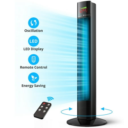 

Tower Fan 36” Coolong Fan with Remote 65° Floor Fan Oscillating Powerful Fan w/ 9 Modes Large LED Display 12-Hour Timer QuietPortable Bladeless Fan for Bedroom Living Rooms Office