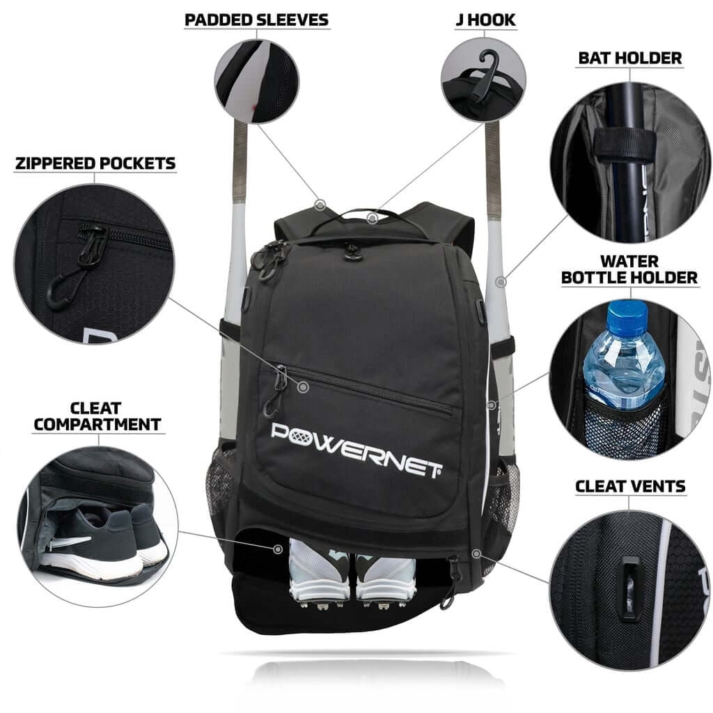 PowerNet Starter Backpack, Softball & Baseball Bag, Organized Pockets for Baseball Accessories, Helmet, Gloves, Catchers Gear & Baseball Bat Sleeves, Youth Travel Sports Backpack (1 Backpack)