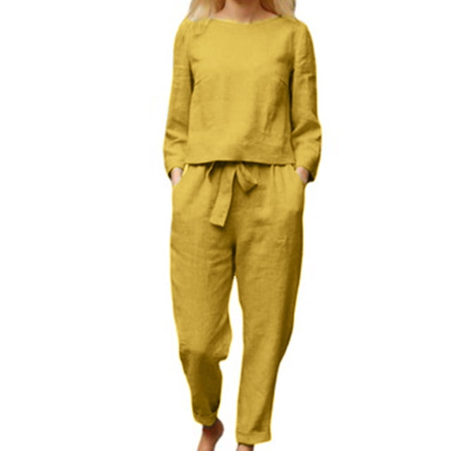 Yuyuzo Womens Cotton Linen 2 Piece Sets Long Sleeve Tops with Pants Slacks Solid Color Suits Outfits for Women