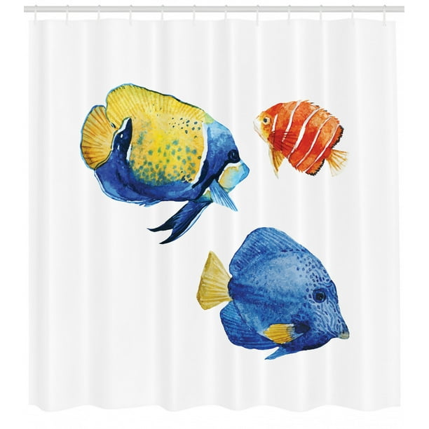 Fish Shower Curtain Tropical Aquarium Life Discus And Goldfish In Diffe Patterns Fabric Bathroom Set With Hooks 69w X 75l Inches Long Azure Blue Yellow Scarlet By Ambesonne Com Fish Shower Curtain Tropical Aquarium, Tropical Fish Shower Curtain