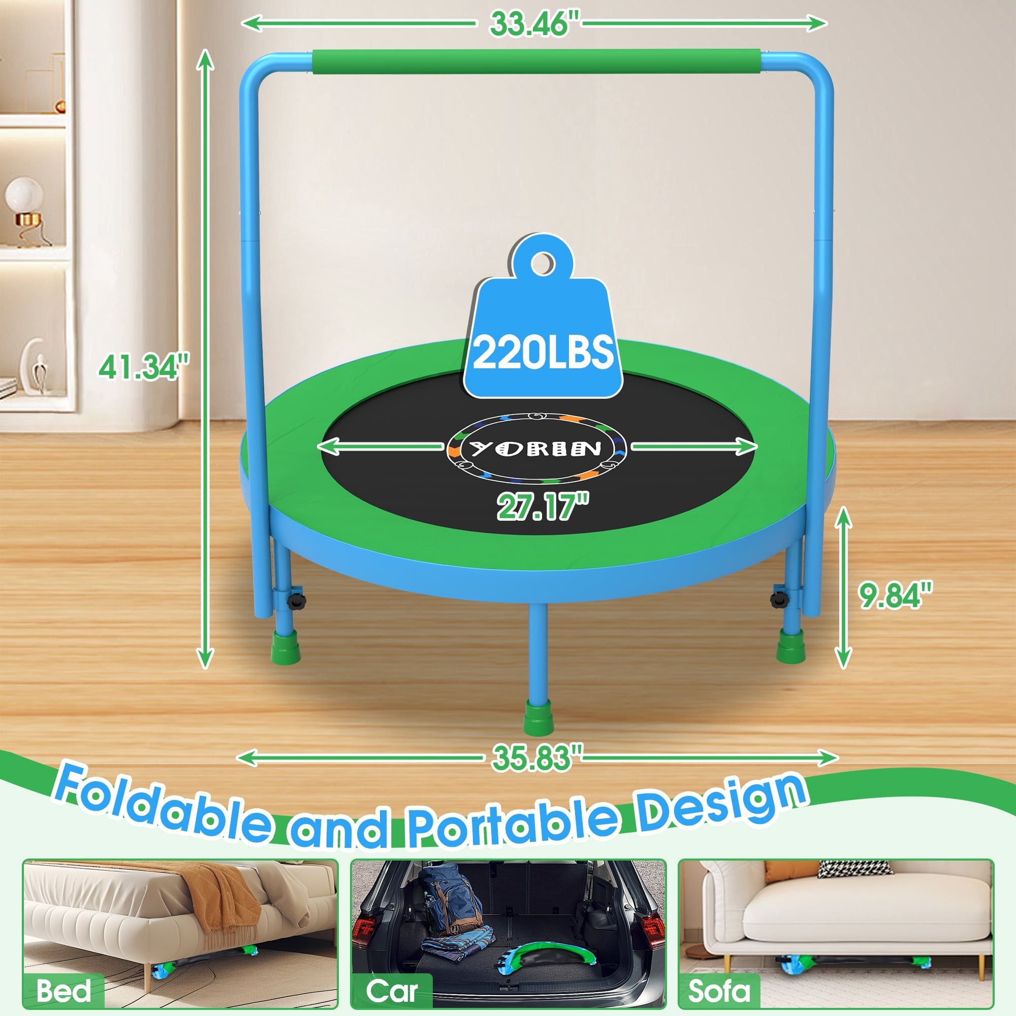 YORIN 36" Trampoline for Kids, 3FT Mini Indoor/Outdoor Foldable Toddler Trampoline with Adjustable Foam Handle, Small Rebounder Fitness Trampoline with No-Gap Padded Cover, Gift for Baby