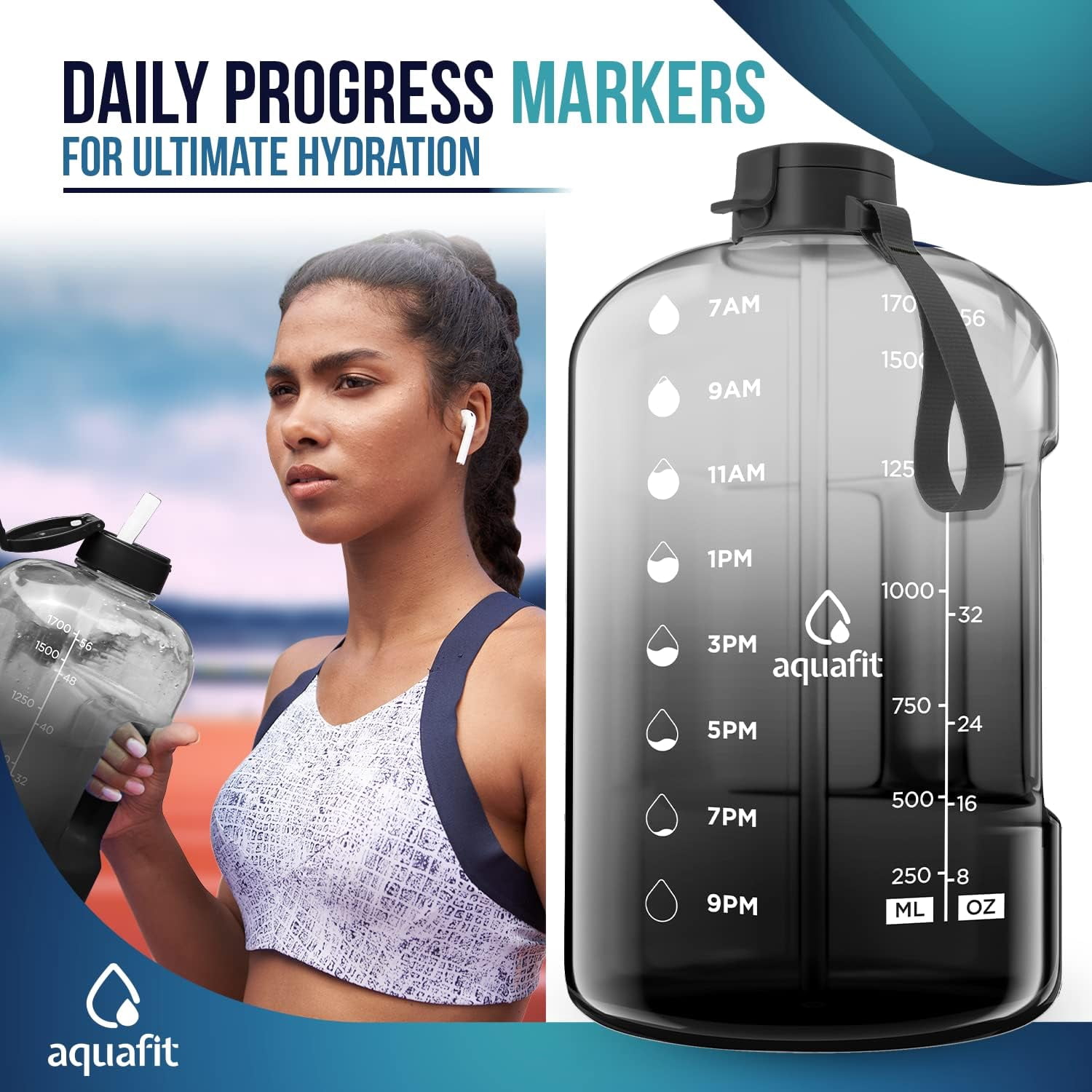 AQUAFIT - Water Bottle with Straw - Motivational Big Water Bottle with Time Marker - Half Gallon, Gray Fade