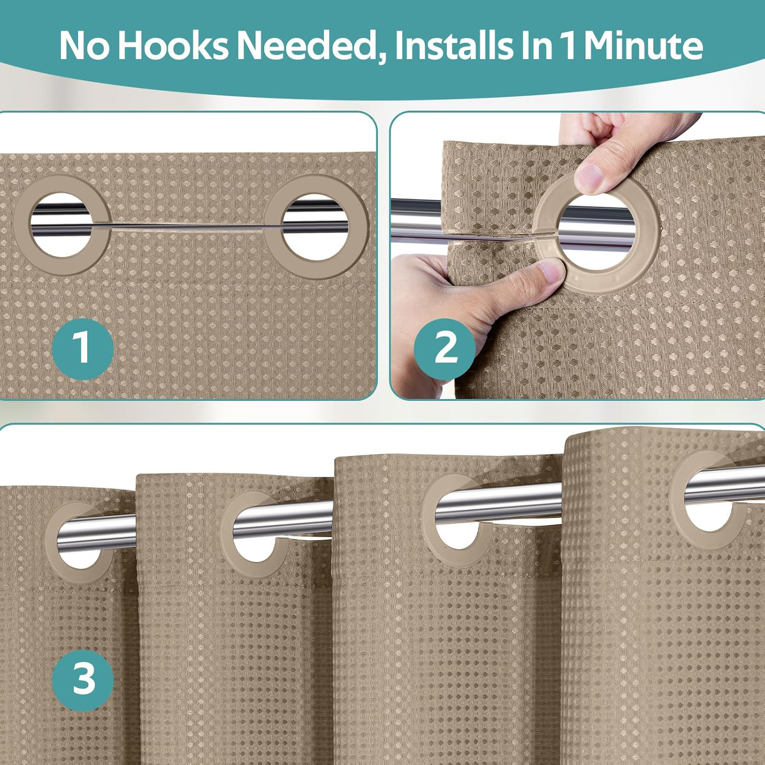 Waffle Weave Shower Curtains, No Hook Shower Curtains for Bathroom, DawnJoanHD Beige Polyester Fabric Shower Curtain with Built-in Rings, 72" x 74"