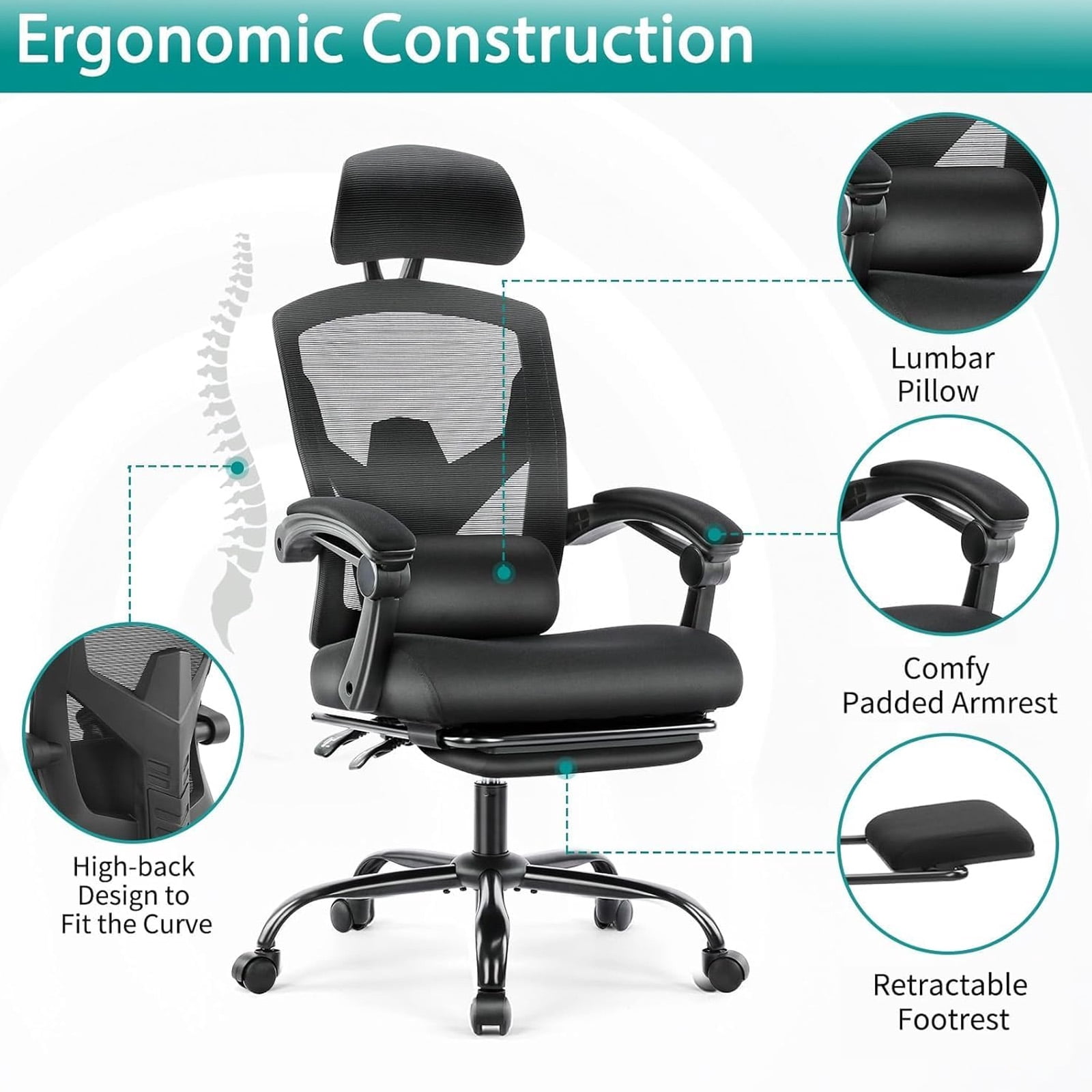 Casabay Ergonomic Home Office Desk Chair, High Back Mesh Reclining Swivel Chair with Footrest & Armrest for Back Pain Relief, Black