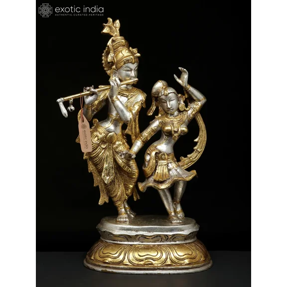 16" Dancing Radha Krishna Brass Statue - Handmade Indian Divine Couple Raslila Sculpture for Home Altar Puja Decor