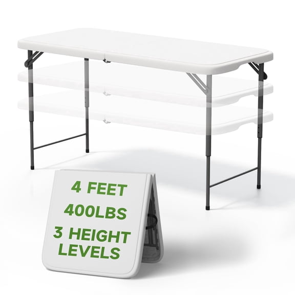 Folding Table 4 Foot - 3-Position Adjustable Height, Heavy Duty 400 lbs Capacity - Portable Tables Folding for Camping, Party, Indoor & Outdoor Use, 1 Pack