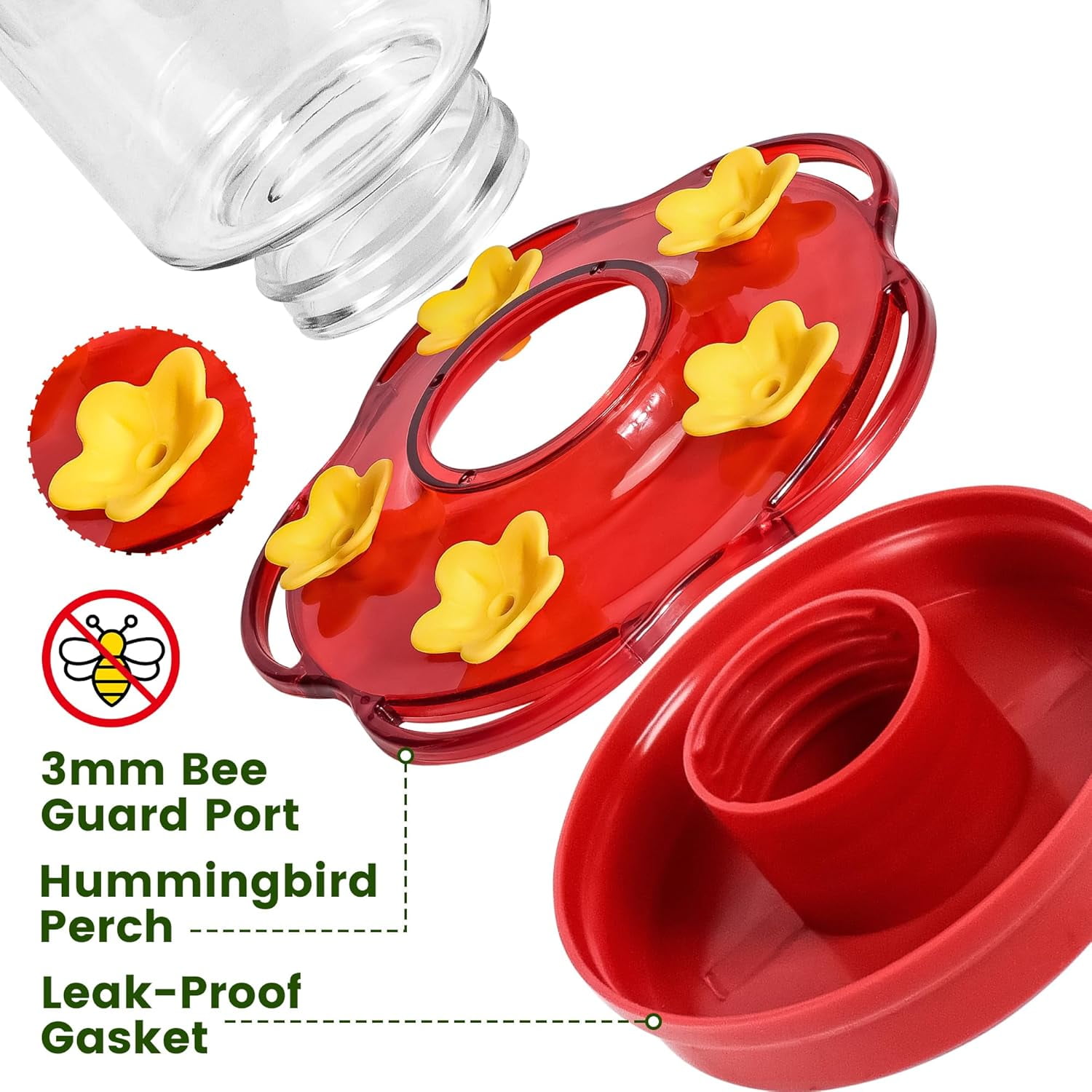 2 Pack Glass Hummingbird Feeders for Outdoors Hanging Ant and Bee Proof,15 Ounces Red Hummingbird Feeder with 5 Feeding Ports and Perches, Built-in Ant Moat, Outside Garden Décor (Glass, 2)