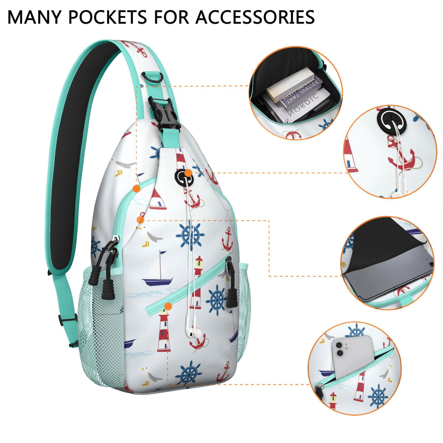 Tropical Beach Daypack - Nautical Shoulder Bag with Coral & Lighthouse Print, Spacious & Organized for Commuting, Traveling, and Casual Use - Unisex Crossbody Sling Bag