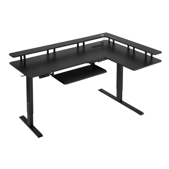 L Shaped Desk, Electric Adjustable Height Corner Desk with Keyboard Tray & Hooks, Heavy Duty Gaming Computer Table with LED Strip, Home Office Desk, Easy Assembly, Black