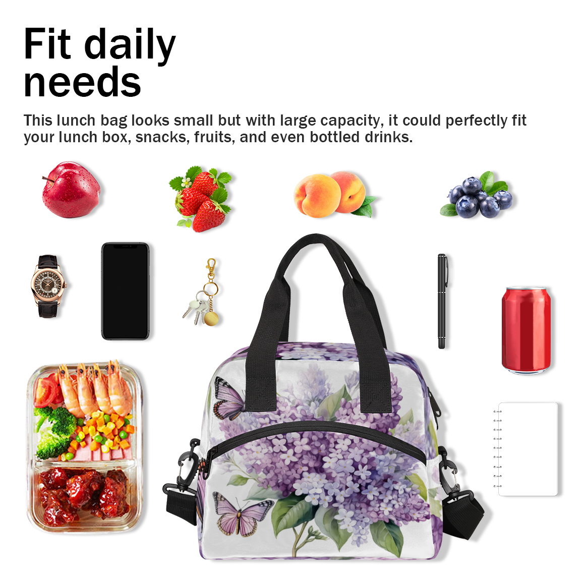 Herdesigns Purple Hydrangea Butterfly Insulated Lunch Bag for Women Men Adults Large Reusable Lunch Box Leakproof Portable Cooler Tote Bags with Adjustable Shoulder Strap