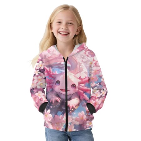 FUIALDOLG Girls Zip Up Hoodies Cute Axolotl Flower Print Teen Hooded Sweatshirts Warm Jackets Kids Fall Fashion Outfits Winter Clothes Size L