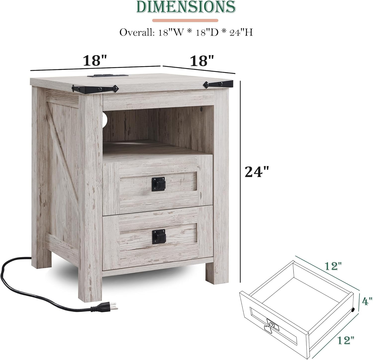 OKD Farmhouse Nightstand with Charging Station for Bedroom, 2-Drawer Rustic End Tables for Living Room, Antique Brush White